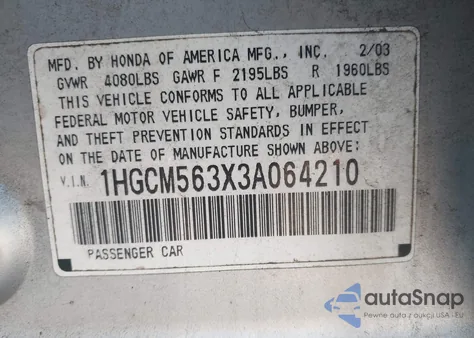 2003 Honda Accord 2.4 Lx из США, поврежденный, VIN 1HGCM563X3A064210